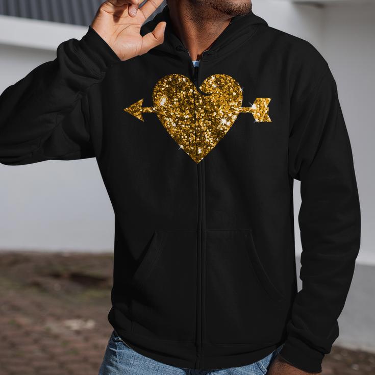 Valentines Day Gold Valentine Heart With Arrow Zip Up Hoodie