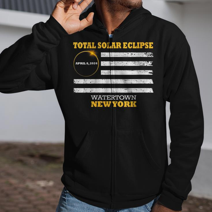 Watertown New York Solar Eclipse 2024 Us Flag Zip Up Hoodie