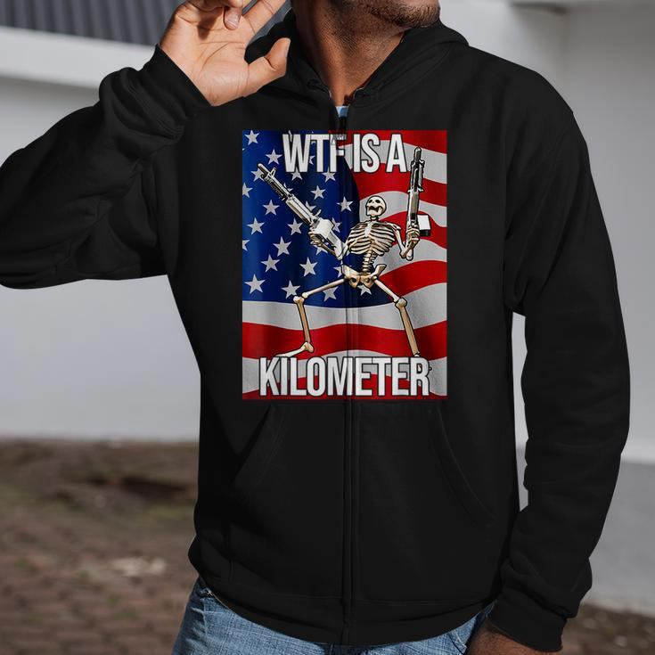 Wtf Is A Kilometer Us Usa American Flag Skeleton Zip Up Hoodie