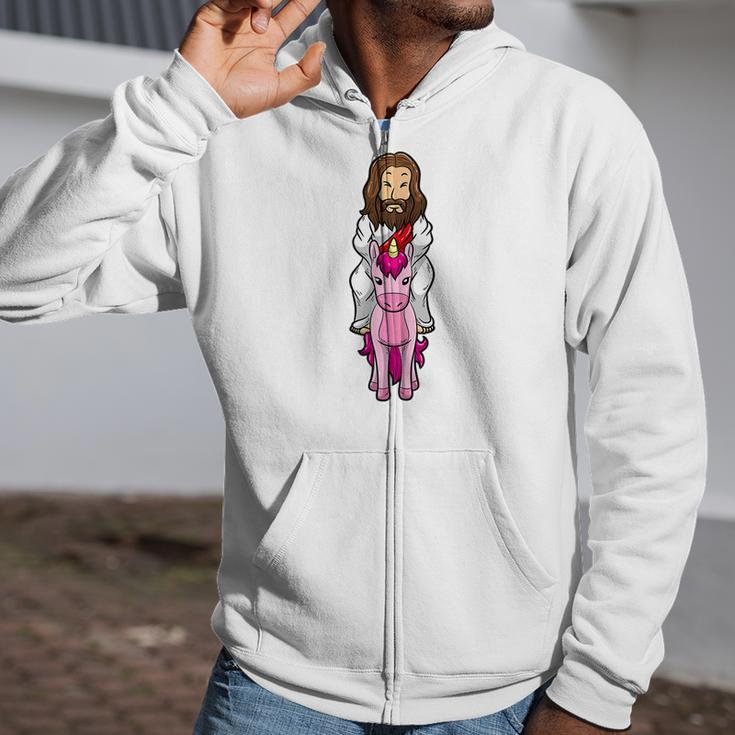 Jesus Riding A Pink Unicorn Christmas Easter Zip Up Hoodie