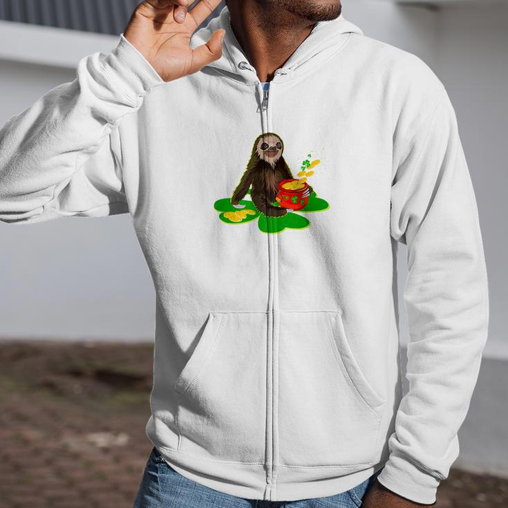 Sloth On Shamrock With St Patrick Day Coin Pot Zip Up Hoodie