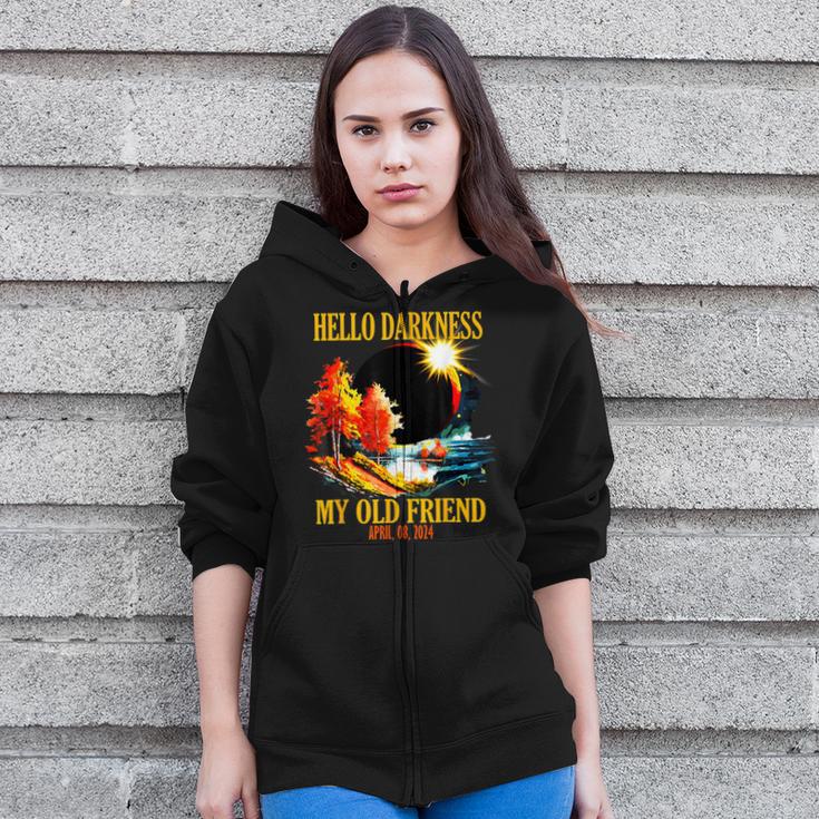 April 8 2024 Hello Darkness My Old Friend Eclipse Zip Up Hoodie