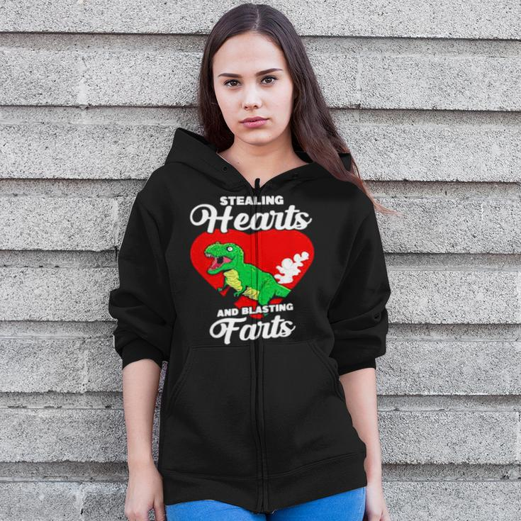 Dinosaurs Stealing Hearts And Blasting Farts Valentines Day Zip Up Hoodie