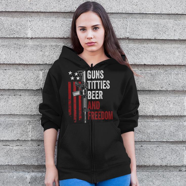 Guns Titties Beer & Freedom Guns Drinking On Back Zip Up Hoodie