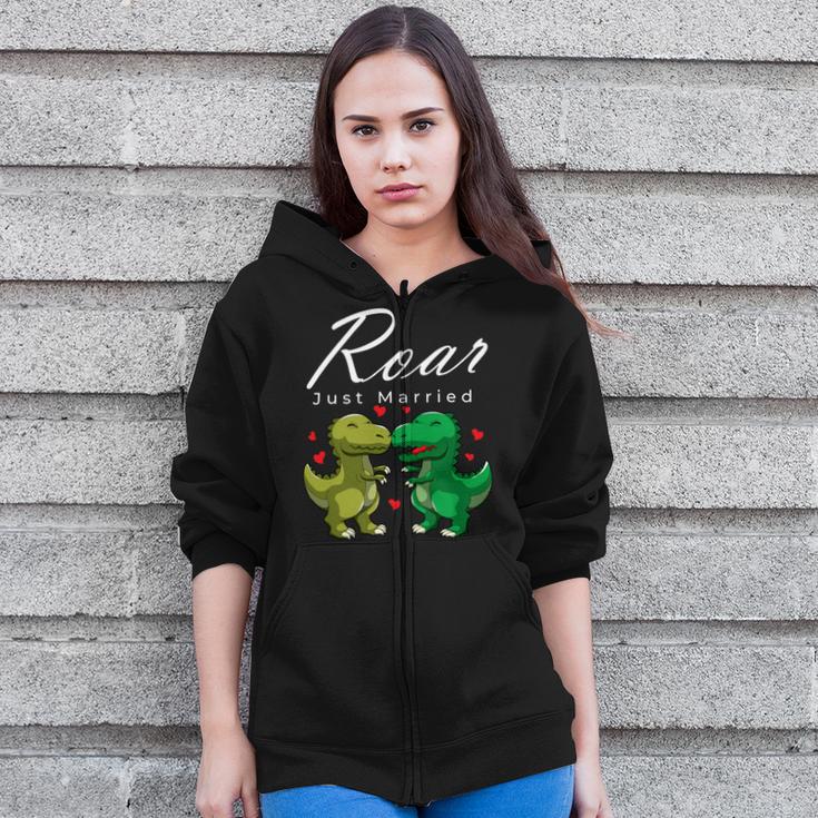 Roar Just Married Kissing Trex Valentines Day Honeymoon Zip Up Hoodie