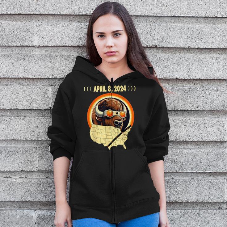 Solar Eclipse 2024 American Bison-Buffalo Solar Eclipse Zip Up Hoodie