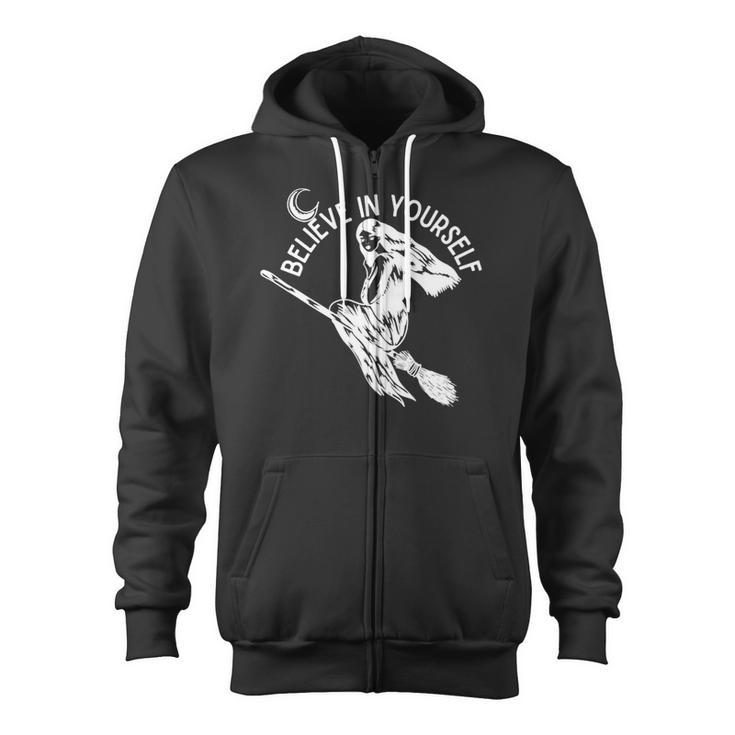 Believe In Yourself Flying Witch White Text Zip Up Hoodie