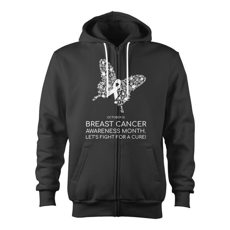 Breast Cancer Awareness October White Butterfly Zip Up Hoodie