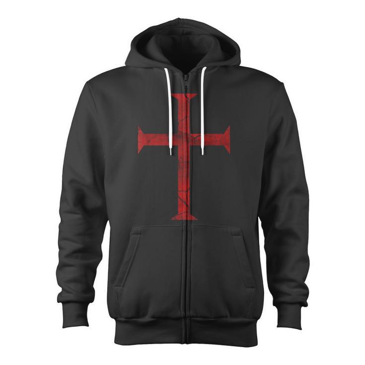 Distressed Deus Vult Knights Templar Cross Crusader Zip Up Hoodie