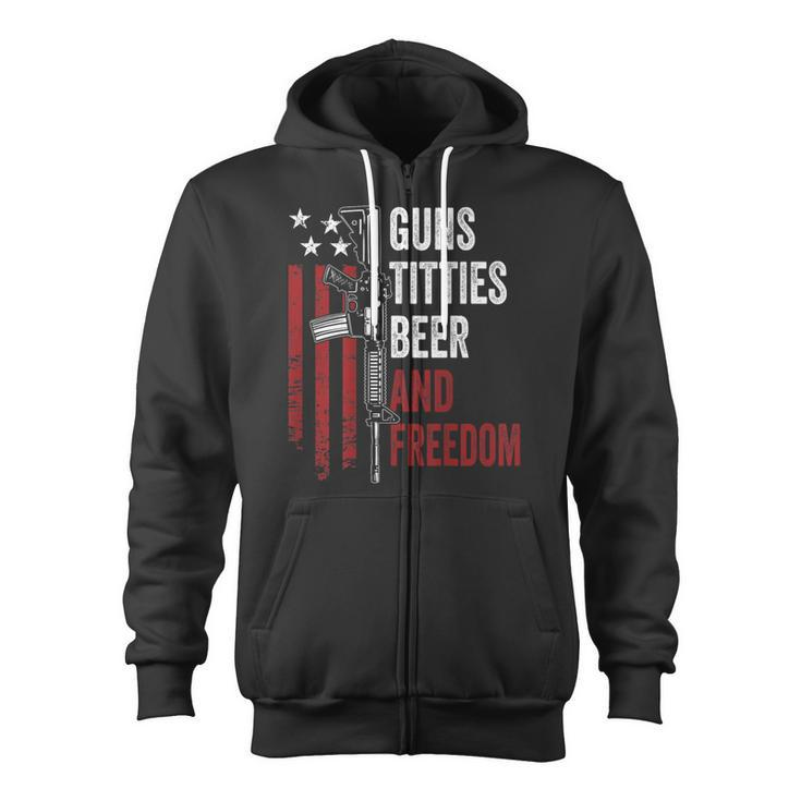 Guns Titties Beer & Freedom Guns Drinking On Back Zip Up Hoodie
