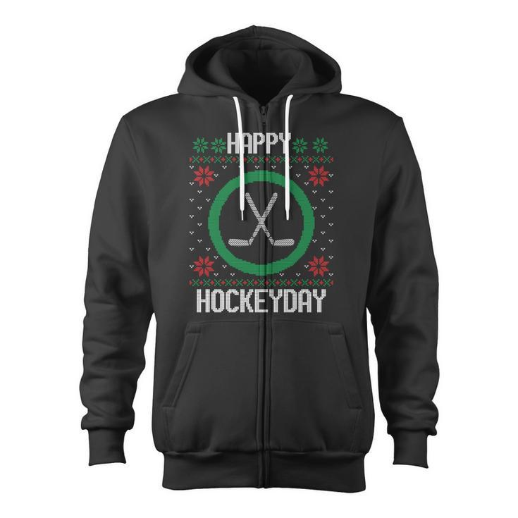 Happy Hockey Days Ugly Christmas Sweater Hockey Zip Up Hoodie