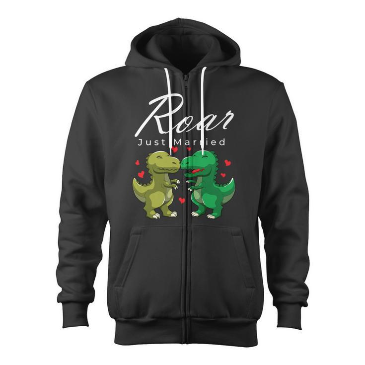 Roar Just Married Kissing Trex Valentines Day Honeymoon Zip Up Hoodie