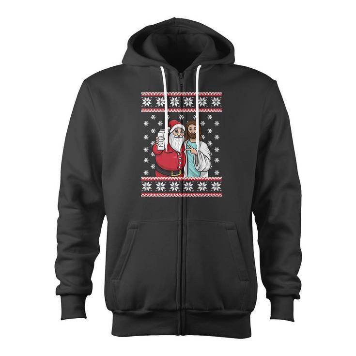 Santa Jesus Jingle Bro Pizza Lover Christmas Zip Up Hoodie
