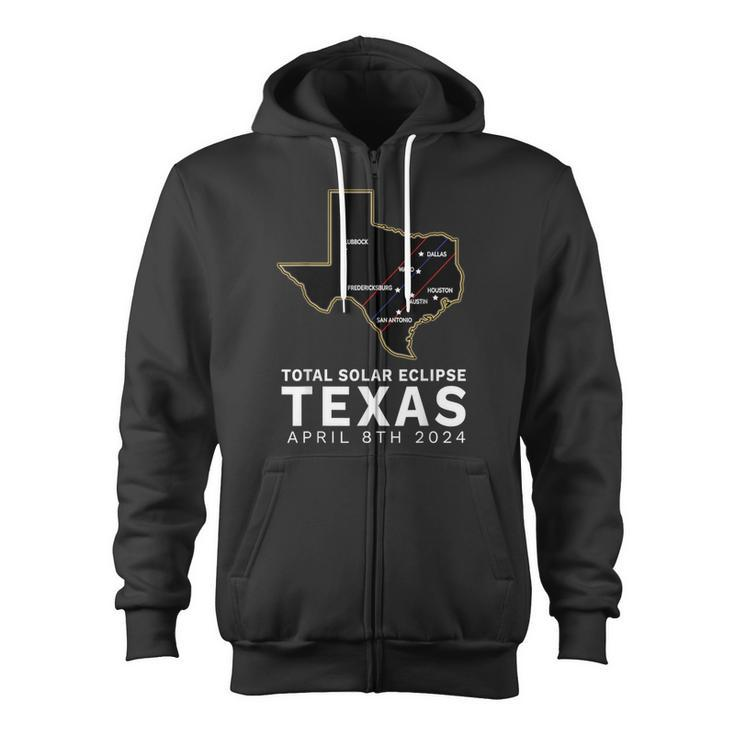 Texas Total Solar Eclipse 2024 Path Of Totality Texas Map Zip Up Hoodie