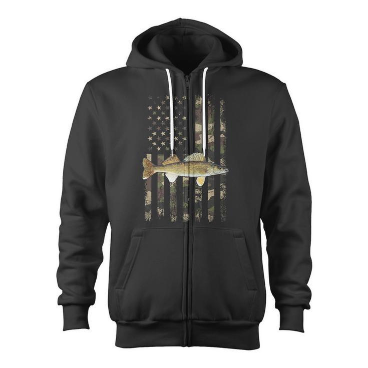 Walleye Camo American Flag Fishing Walleye Zip Up Hoodie