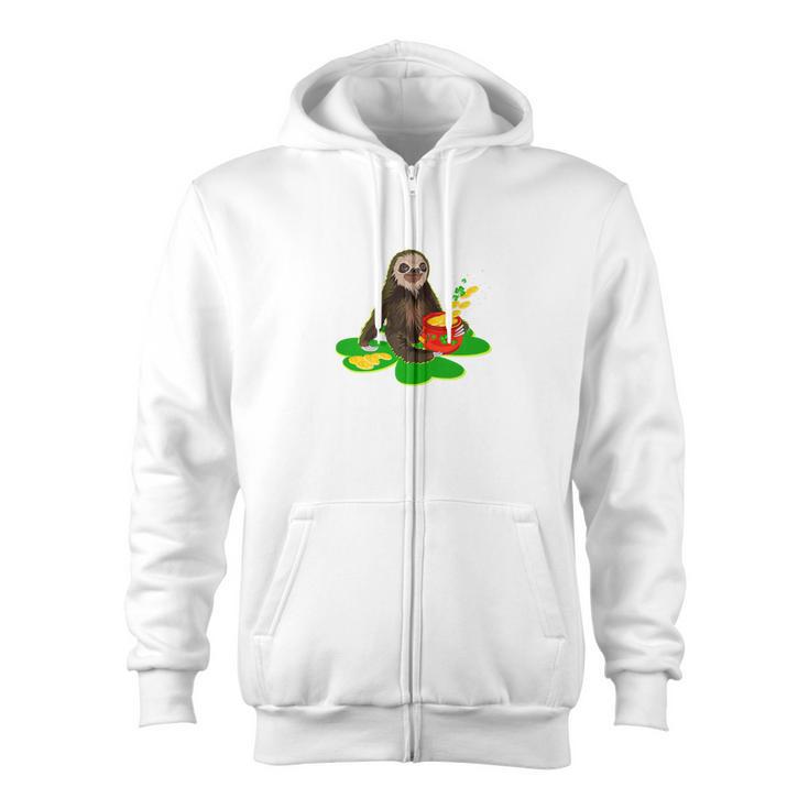 Sloth On Shamrock With St Patrick Day Coin Pot Zip Up Hoodie