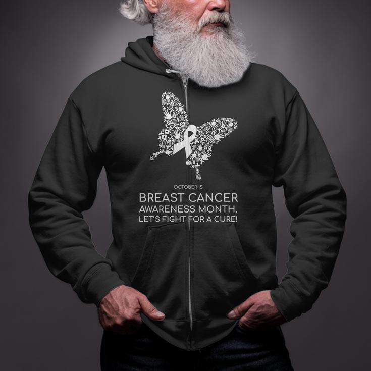 Breast Cancer Awareness October White Butterfly Zip Up Hoodie