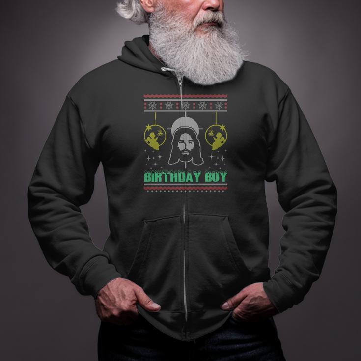 Jesus Birthday Boy Christmas Ugly Sweater Style Gif Zip Up Hoodie