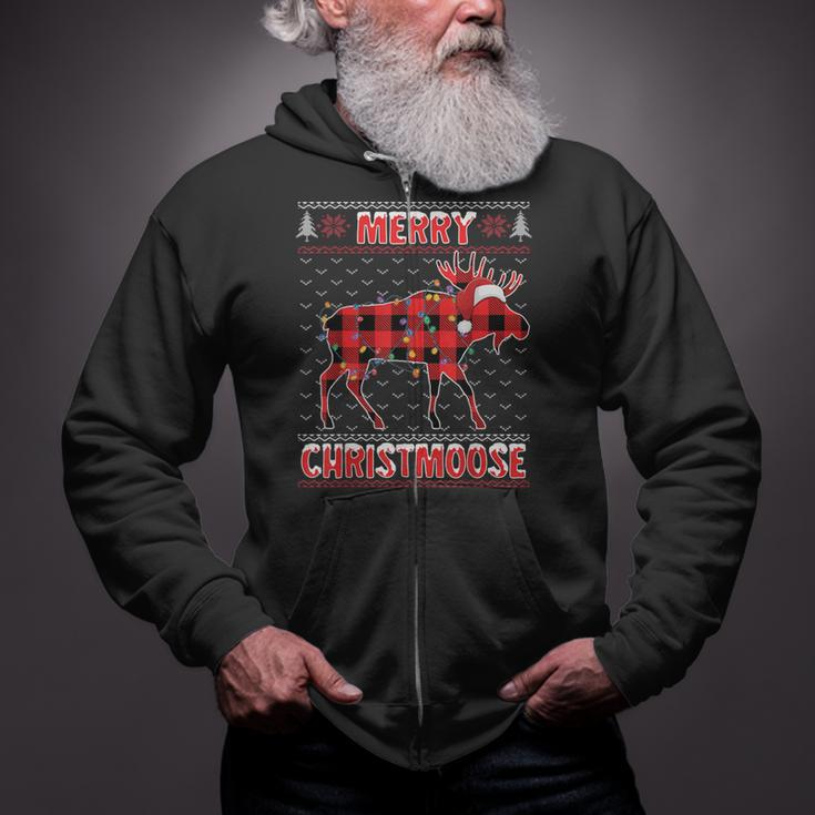 Merry Christmoose Christmas Moose Santa Ugly Sweater Zip Up Hoodie