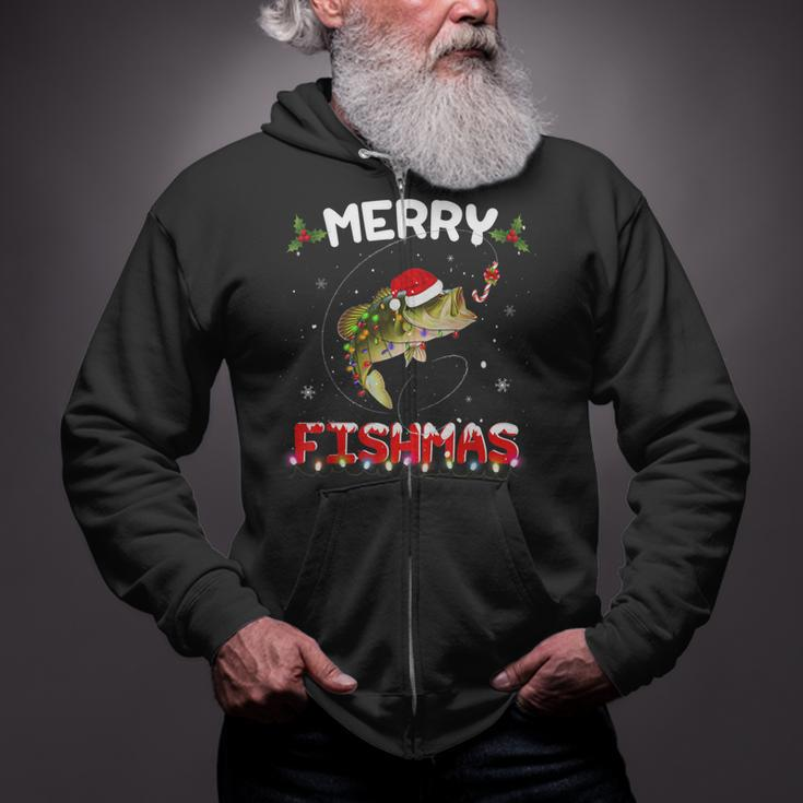 Merry Fishmas Fishing Christmas Pajama Fishers Zip Up Hoodie