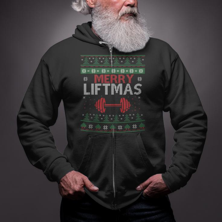 Merry Liftmas Ugly Christmas Sweater Gym Workout Zip Up Hoodie