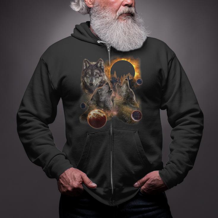 Three Wolf Solar Eclipse Moon Zip Up Hoodie