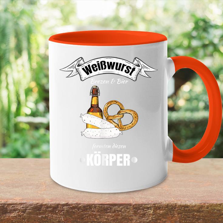 Boarisch Bayrisch Weißwurst Wurst Brezn Brezel Hopfen Motiv Tasse Zweifarbig