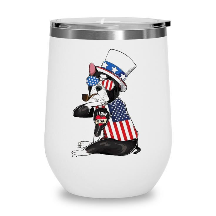 Boston Terrier Dog Merica 4Th Of July Usa American Flag Men Wine Tumbler