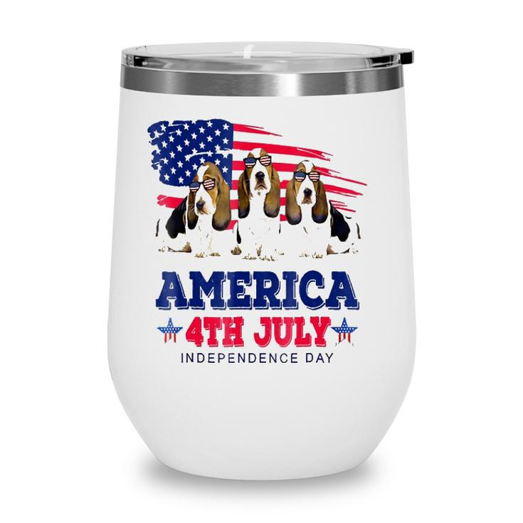 Funny Basset Hound With Us American Flag 4Th Of July Wine Tumbler