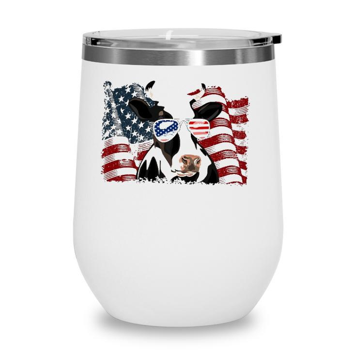 Retro Dairy Cow American Flag 4Th Of July Animals Lover Wine Tumbler