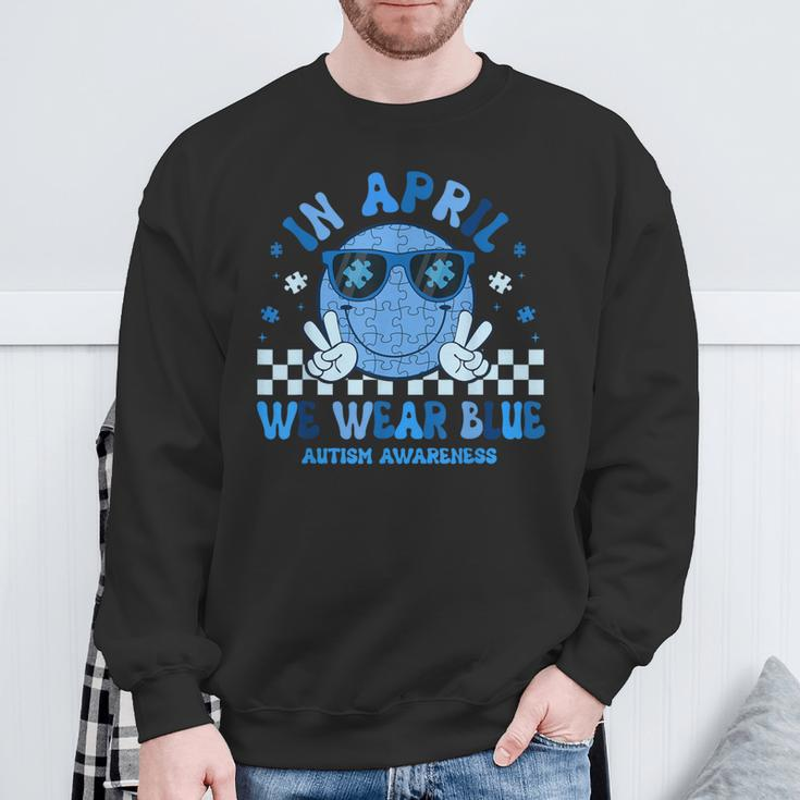 In April We Wear Blue Autism Awareness Hippie Face Sweatshirt Gifts for Old Men