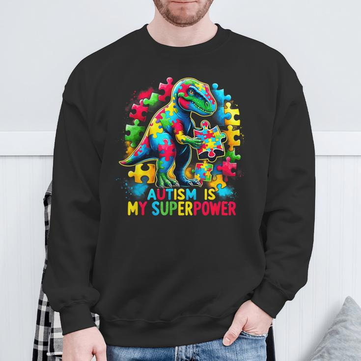 Autism Is My Superpower Autism Kid Colorful Puzzle Dinosaur Sweatshirt Gifts for Old Men