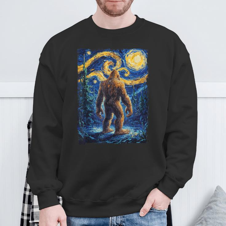 Bigfoot Starry Night Sasquatch Van Gogh Painting Sweatshirt Gifts for Old Men