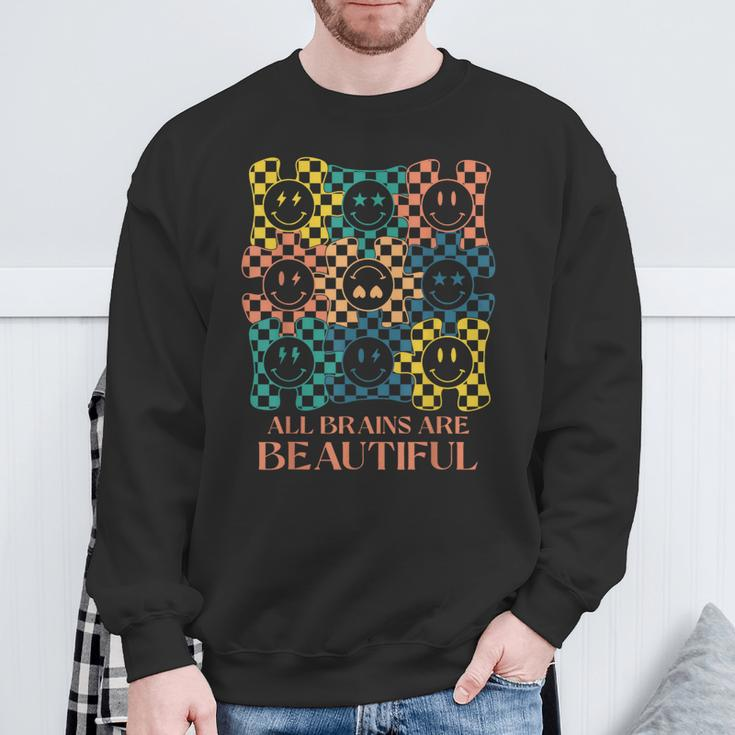 All Brains Are Beautiful Smile Face Autism Awareness Groovy Sweatshirt Gifts for Old Men