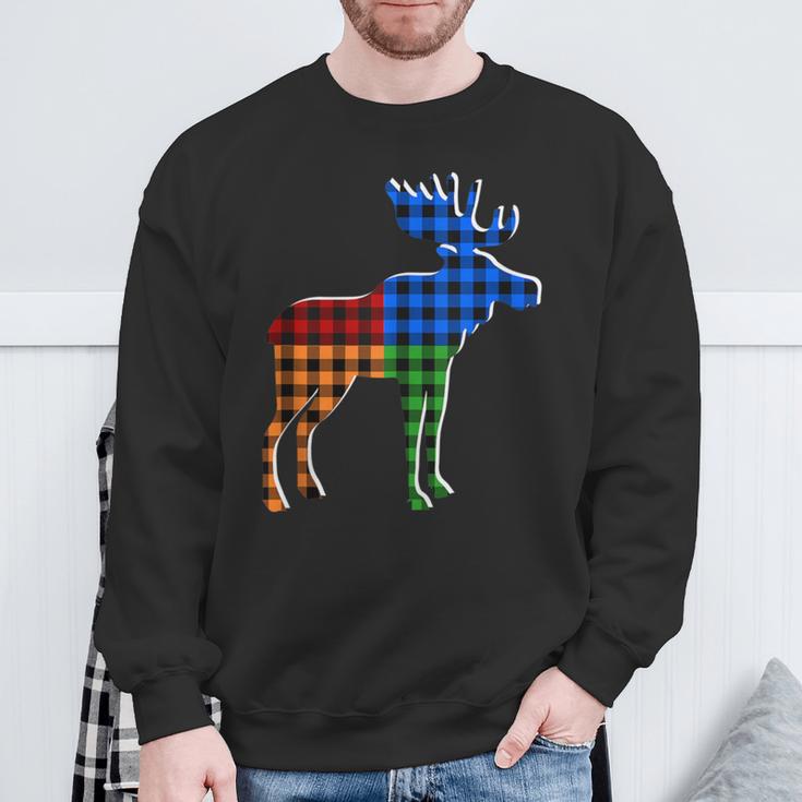 Buffalo Plaid Standing Moose Silhouette Colorful Moose Lover Sweatshirt Gifts for Old Men