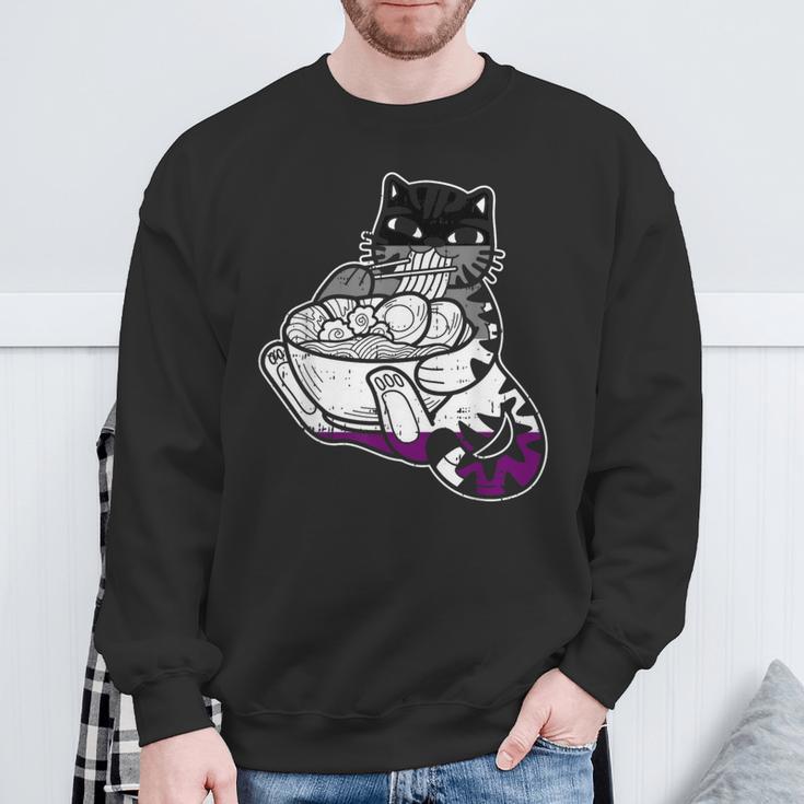 Cat Eating Ramen Asexual Pride Lgbt-Q Kitten Japanese Noodle Sweatshirt Gifts for Old Men