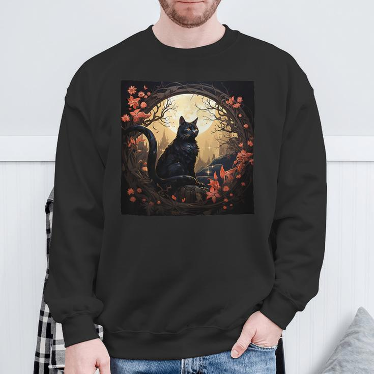 Cat Moon Flowers Graphic Sweatshirt Gifts for Old Men