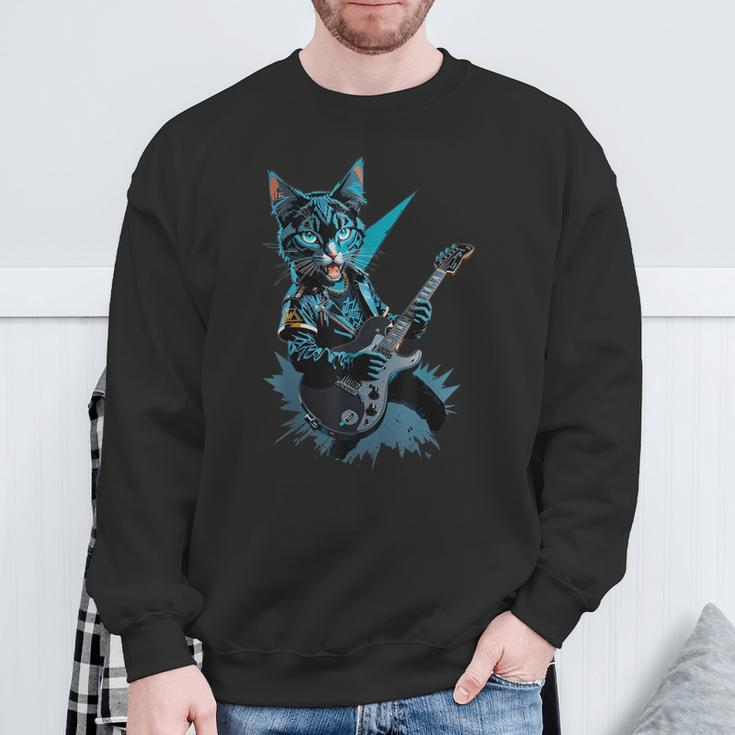 Cat Playing Electric Guitar Heavy Metal Rock Cat Lover Sweatshirt Gifts for Old Men