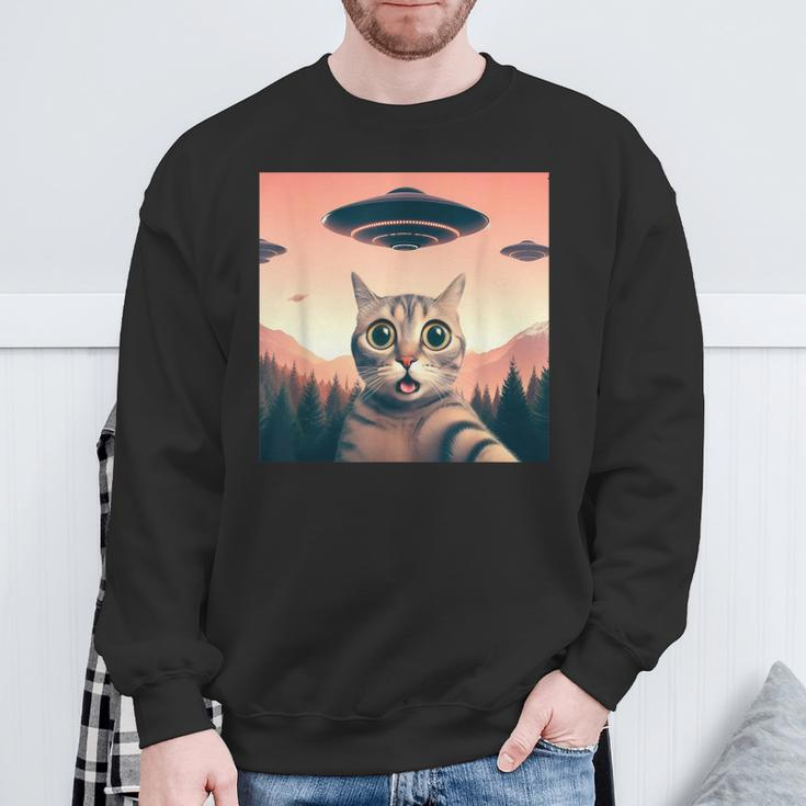 Cat Selfie With Ufo Cat Lover Meme Sweatshirt Gifts for Old Men