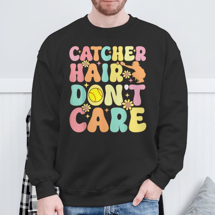 Catcher Hair Don't Care Softball Catcher Softball Player Sweatshirt Gifts for Old Men