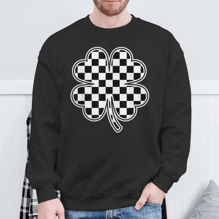 Checkered Four Leaf Clover Race Car Gamer St Patrick's Day Sweatshirt Gifts for Old Men
