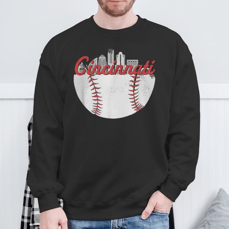 Cincinnati Skyline Cityscape Baseball Retro Vintage Sweatshirt Gifts for Old Men