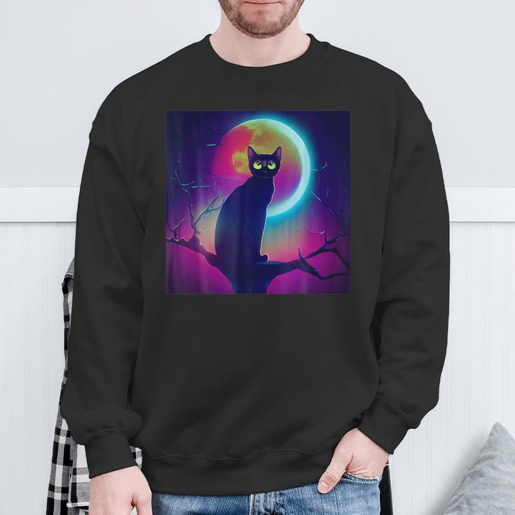 Cute Black Cat Spooky Yellow Purple Full Moon Logo Sweatshirt Gifts for Old Men
