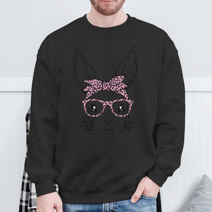 Cute Bunny Rabbit Face With Leopard Glasses Bandana Easter Sweatshirt Gifts for Old Men