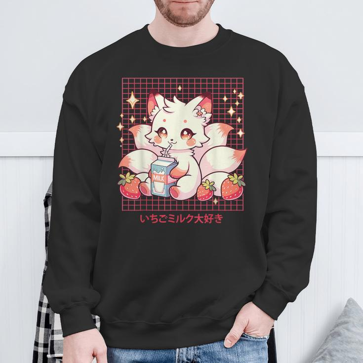 Cute Kitsune Japanese Anime Fox Kawaii Strawberry Milk Sweatshirt Gifts for Old Men