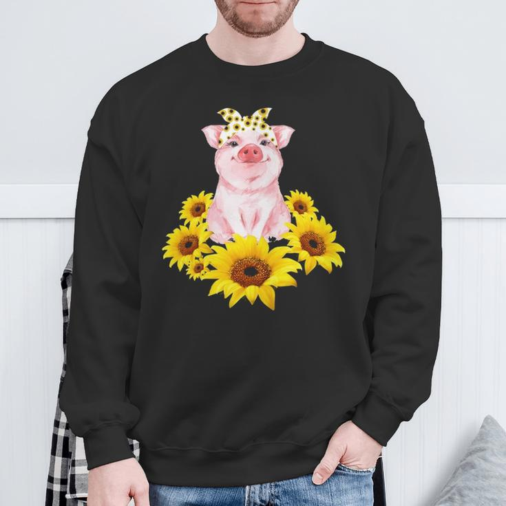 Cute Piggy With Sunflower Tiny Pig With Bandana Sweatshirt Gifts for Old Men