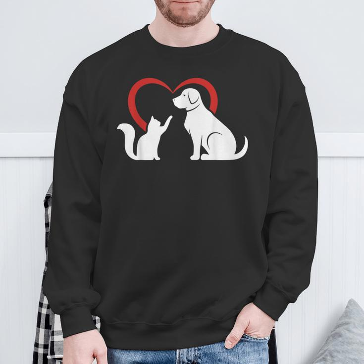 Dog Puppy And Baby Cat Heart Animal Dog & Cat Sweatshirt Gifts for Old Men