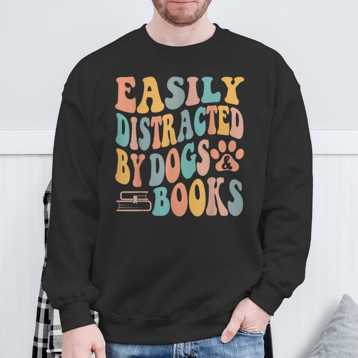 Easily Distracted By Dogs & Books Animals Book Lover Groovy Sweatshirt Gifts for Old Men