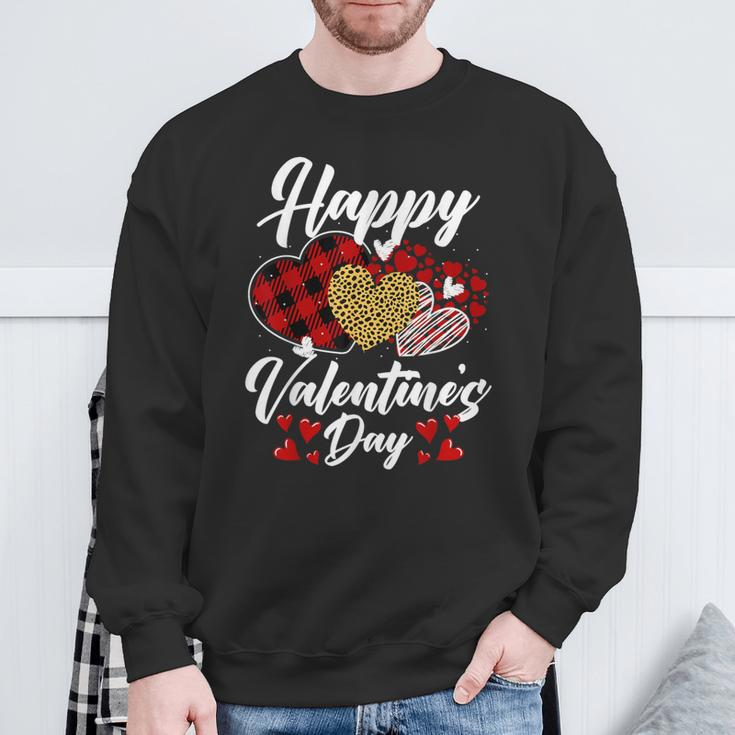 Happy Valentine's Day Hearts With Leopard Plaid Valentine Sweatshirt Gifts for Old Men