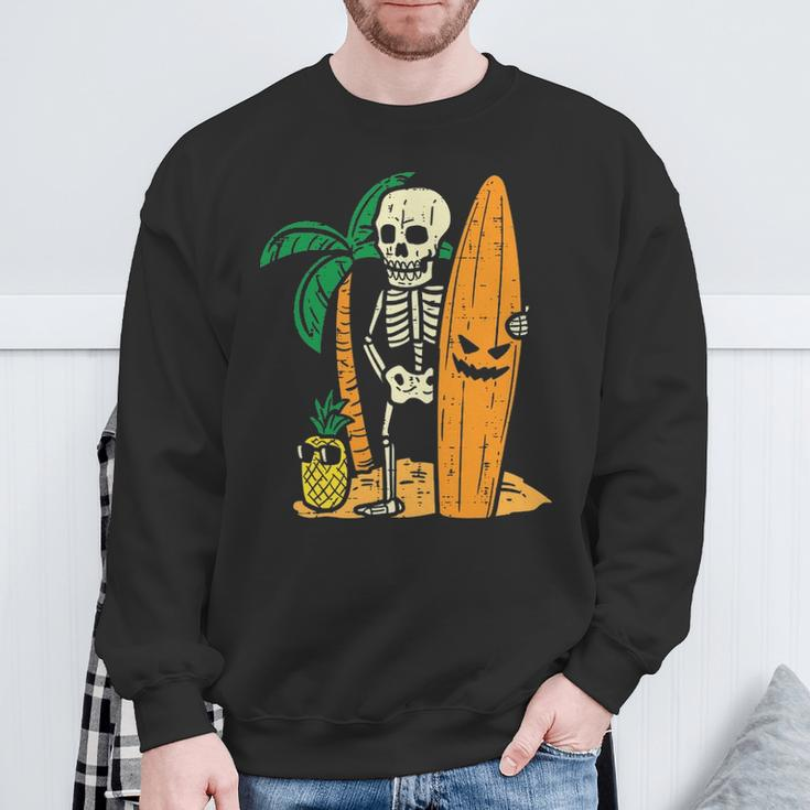 Hawaii Surfer Skeleton Cool Chill Halloween Beach Sweatshirt Gifts for Old Men